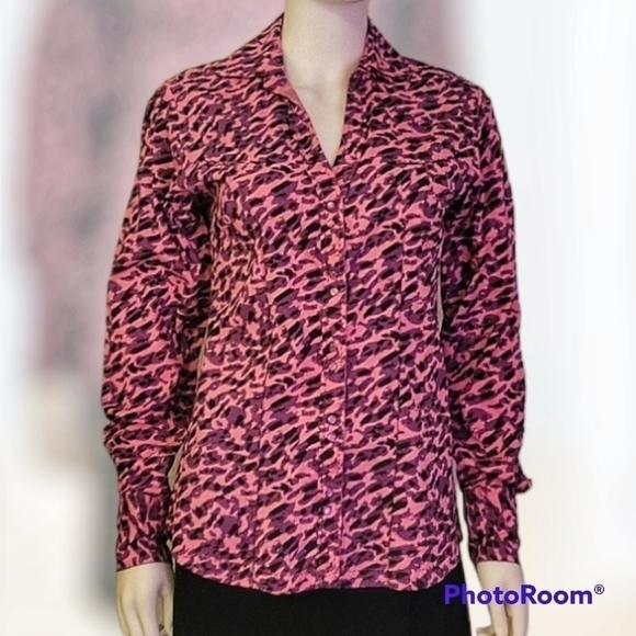 SHERRY Cervi Pink Cheetah Leopard Print Snap Long Sleeve Rodeo Shirt - Picture 1 of 11